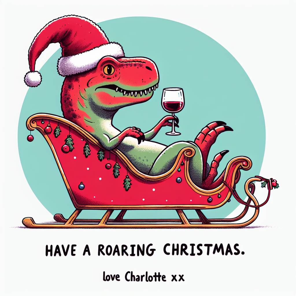 3) Christmas AI Generated Card - T-rex with a Christmas hat on, riding a sleigh with glass of red wine in hand (00320)
