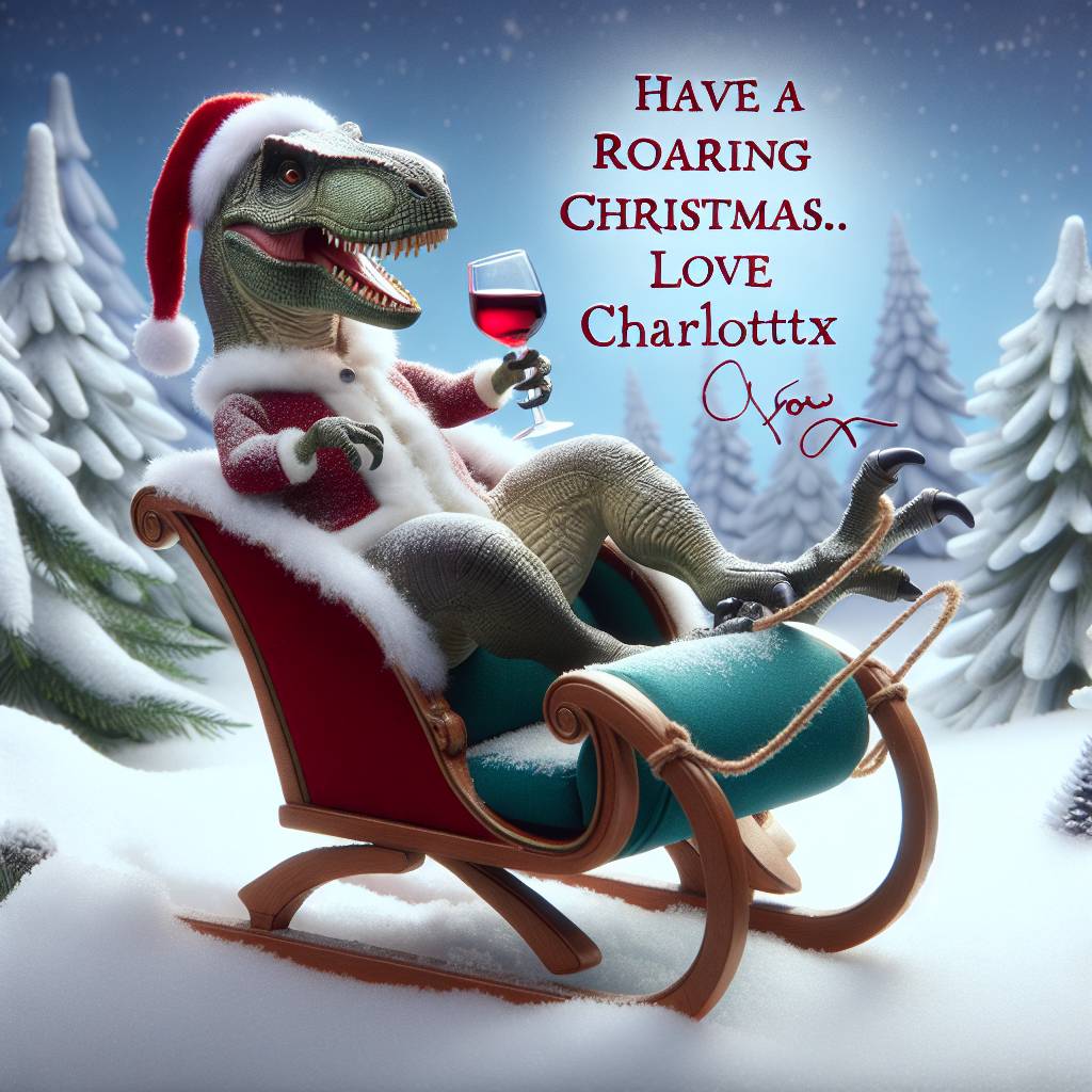 4) Christmas AI Generated Card - T-rex with a Christmas hat on, riding a sleigh with glass of red wine in hand (ccae2)