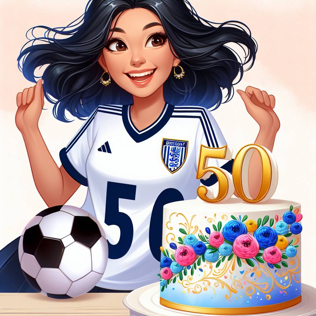 2) Birthday AI Generated Card - Female, Dark hair, Tottenham Hotspur Football Shirt, Cake, and 50th birthday (debf9)
