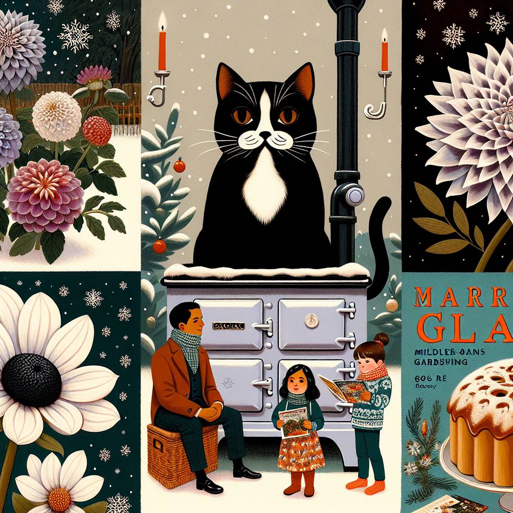 4) Christmas AI Generated Card - Black cat with white moustache and black spot on nose, Dalias, Marron Glace, White aga, Jigzaw, Alan titchmarch , and Gardeners world (e2259)