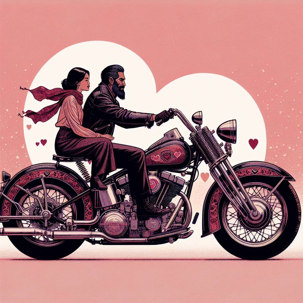 1) Valentines-day AI Generated Card - Harley Davidson motorcycles registration V2 ODD man rider lady blonde hair passenger  (efb21)