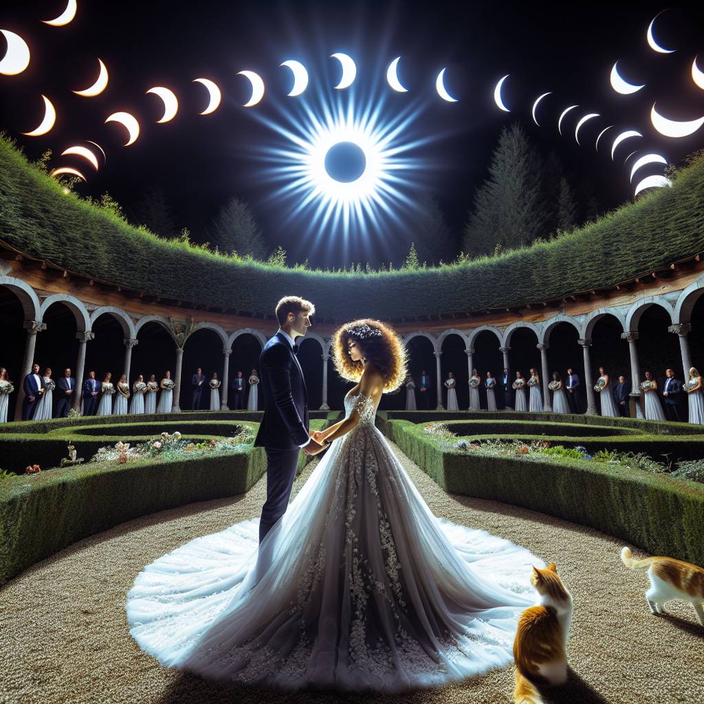 2) Wedding AI Generated Card - Dark curly haired Bride , Blonde long haired Groom , Sun moon eclipse, Garden wedding , Ginger and white cat , and Basque Country  (ad7a2)