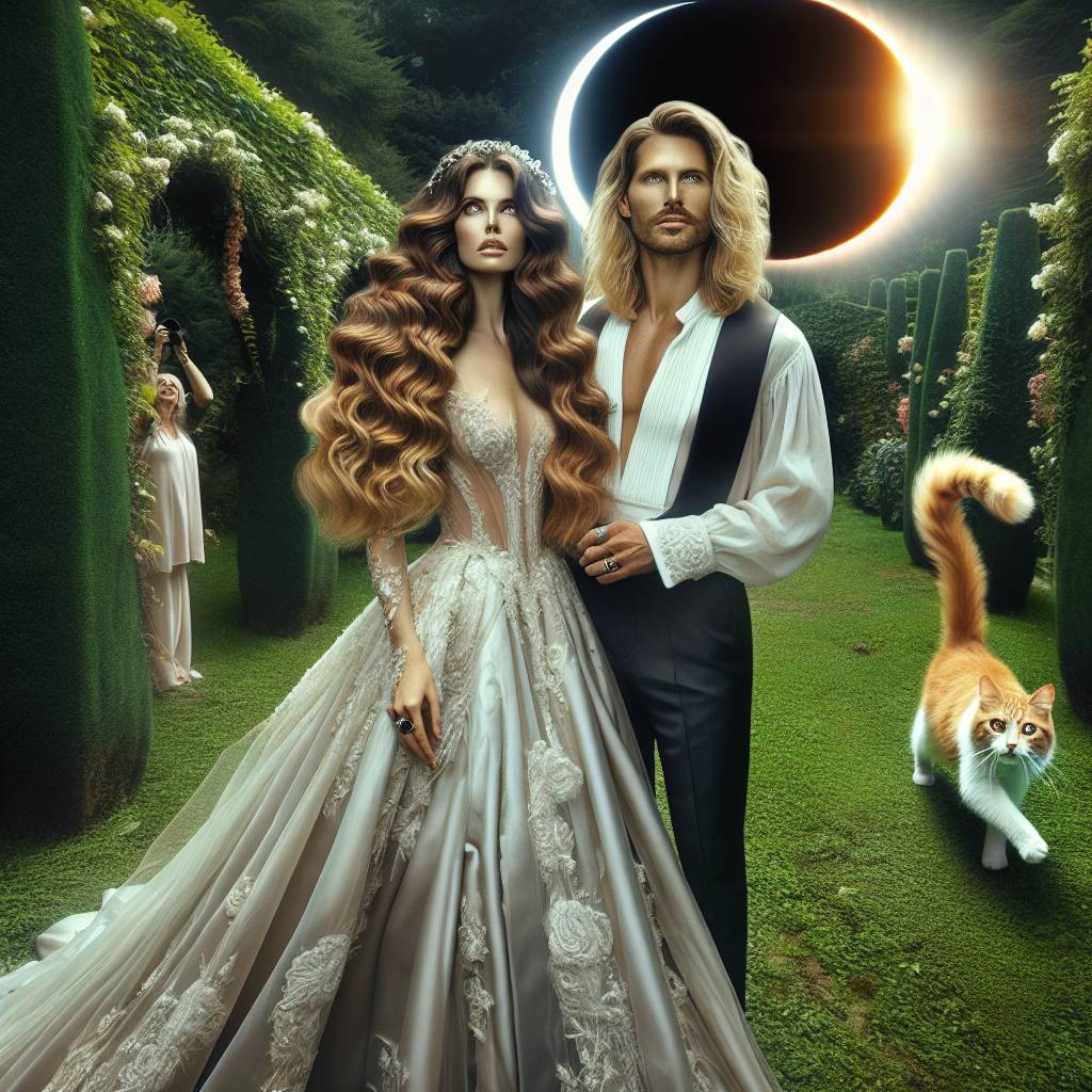 1) Wedding AI Generated Card - Dark curly haired Bride , Blonde long haired Groom , Sun moon eclipse, Garden wedding , Ginger and white cat , and Basque Country  (142da)