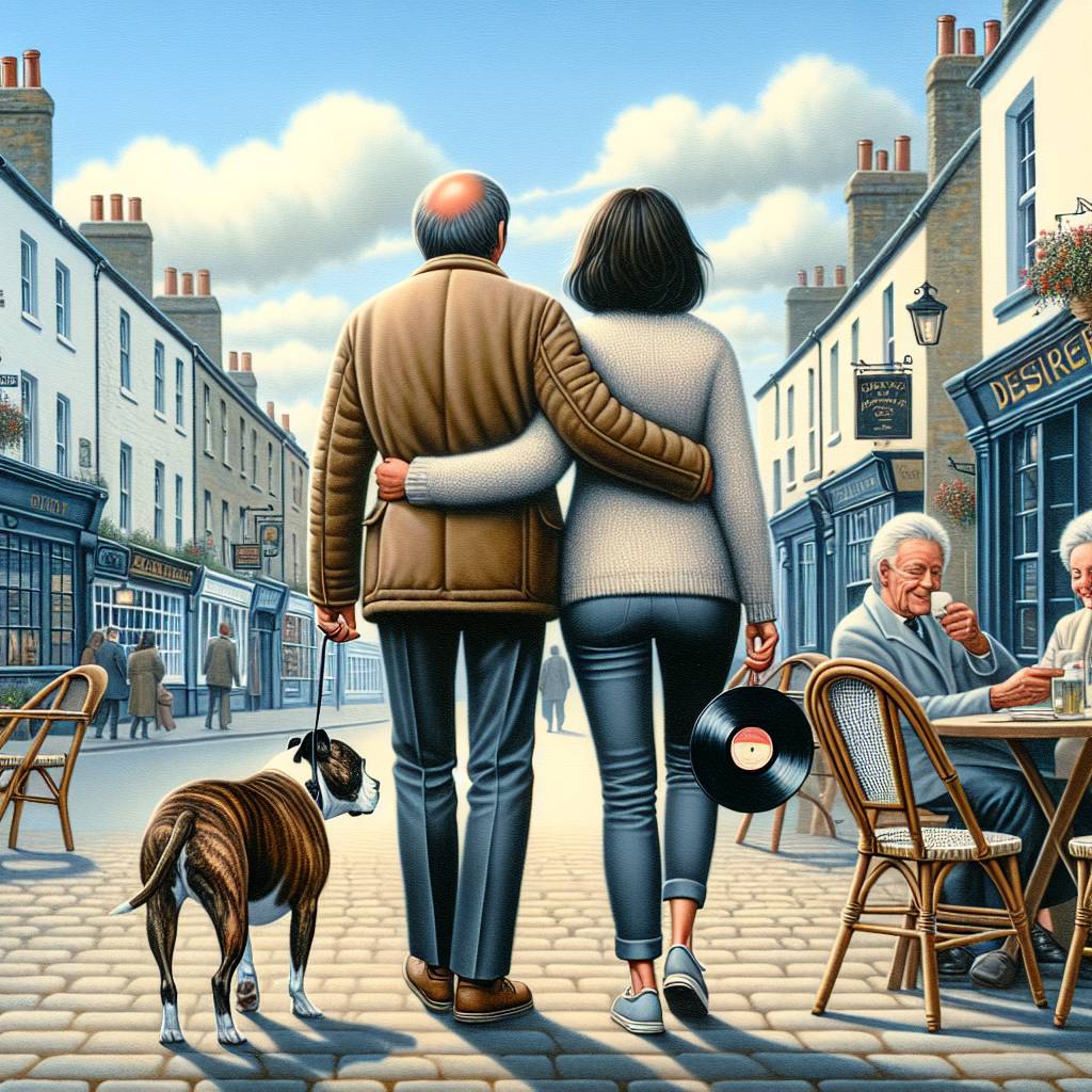 1) Valentines-day AI Generated Card - Show the backs of a white British couple. middle aged, late 50s. walking, holding hands. brown haired bald headed man, clean shaven, slim build. Brunette shoulder length hair lady, overweight. Wearing padded jackets and walking shoes., Buying vinyl records, English market town street, Show the back of an old chubby brindle Staffordshire bull terrier on a lead., Love, Blue sky, and Bistro tables outside a pub (43f8a)