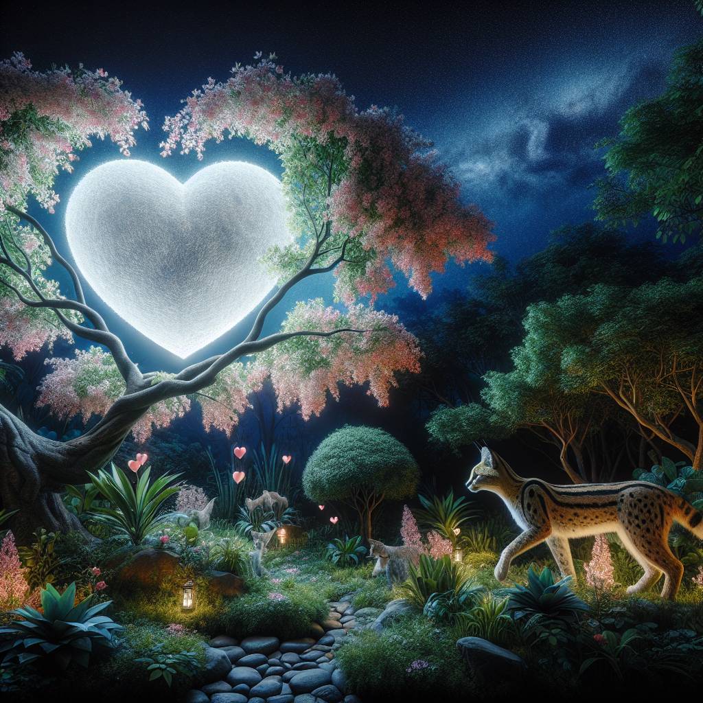 2) Valentines-day AI Generated Card - Serval, Peaceful garden, Under heart moon, and With heart shaped leaves on a tree (b7ebe)