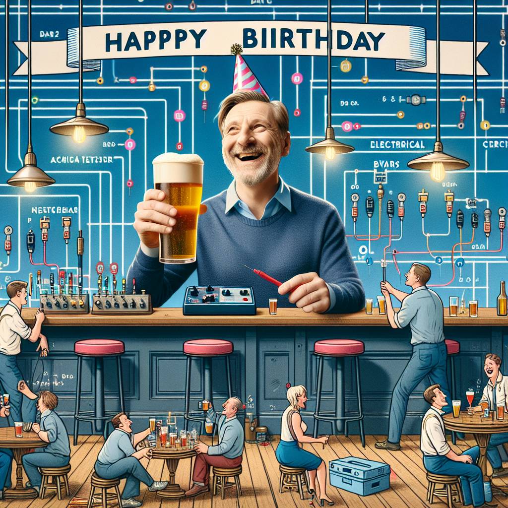 1) Birthday AI Generated Card - Electrical schematic diagrams, Electrical tester, Pub, Bars, and White englishman (5fa2b)