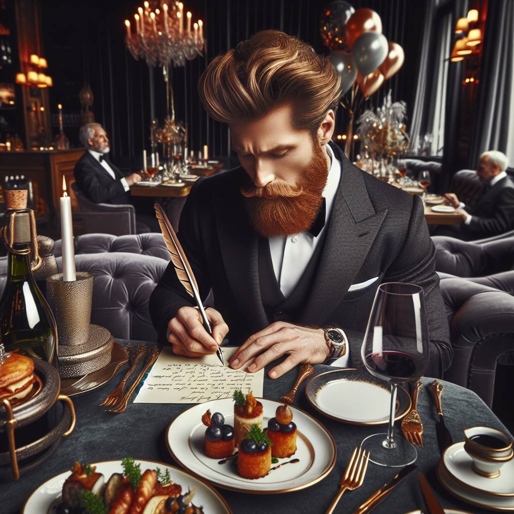 2) Birthday AI Generated Card - Fine Dining, red beard, wine, fancy restaurant, writing (b7fc6)