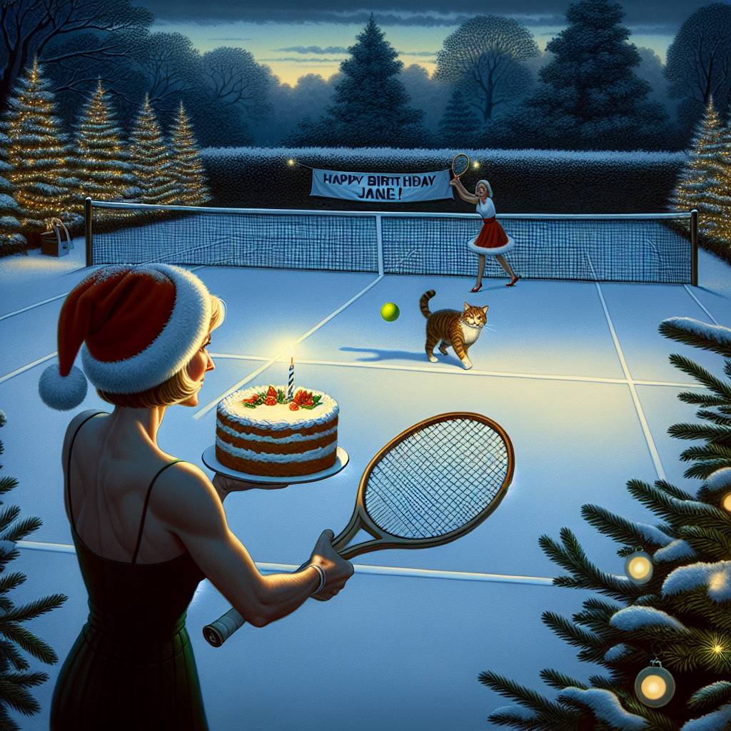 3) Christmas AI Generated Card - Lady with short blonde hair, Birthday cake, Cat, Tennis, and Christmas (1d9d1)