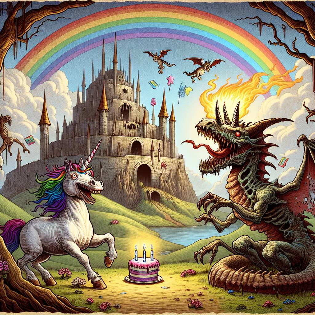 2) Birthday AI Generated Card - Zombie unicorn, Zombie Dragon, Rainbow, Dungeon, Fantasy, Fire, and Evil (03766)