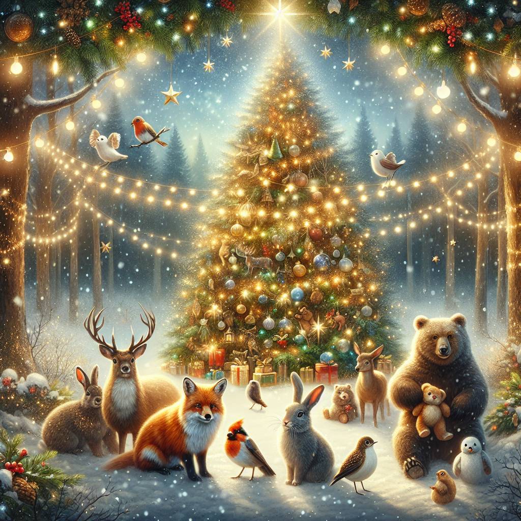 1) New-year AI Generated Card - Christmas , Christmas tree, Christmas lights, Robin, Rabbit, Fox, Bear, Deer, Woodland, Star, Sparkle, and Snow (5bd1b)