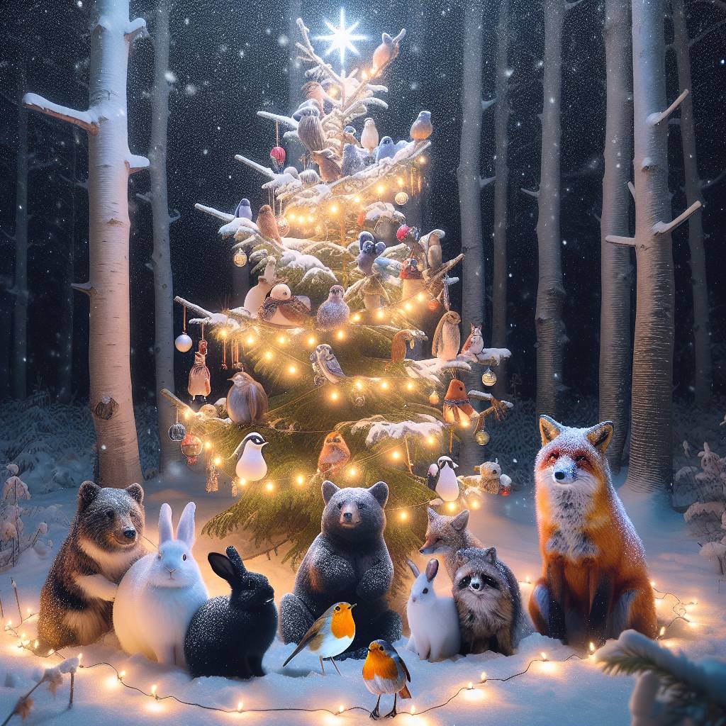 2) New-year AI Generated Card - Christmas , Christmas tree, Christmas lights, Robin, Rabbit, Fox, Bear, Deer, Woodland, Star, Sparkle, and Snow (5bf0e)