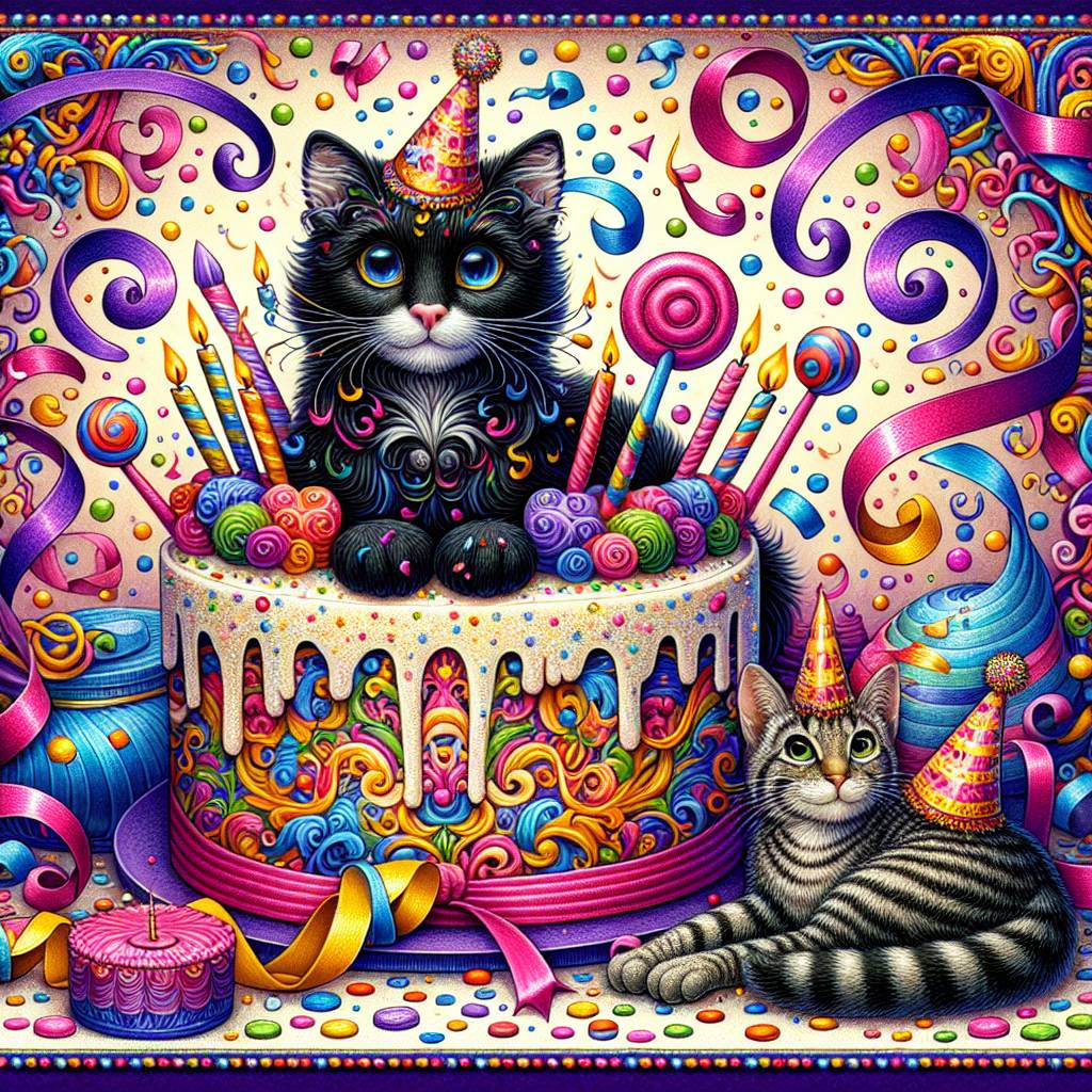 2) Birthday AI Generated Card - Cake, Black cat, and Tabby cat  (8e323)