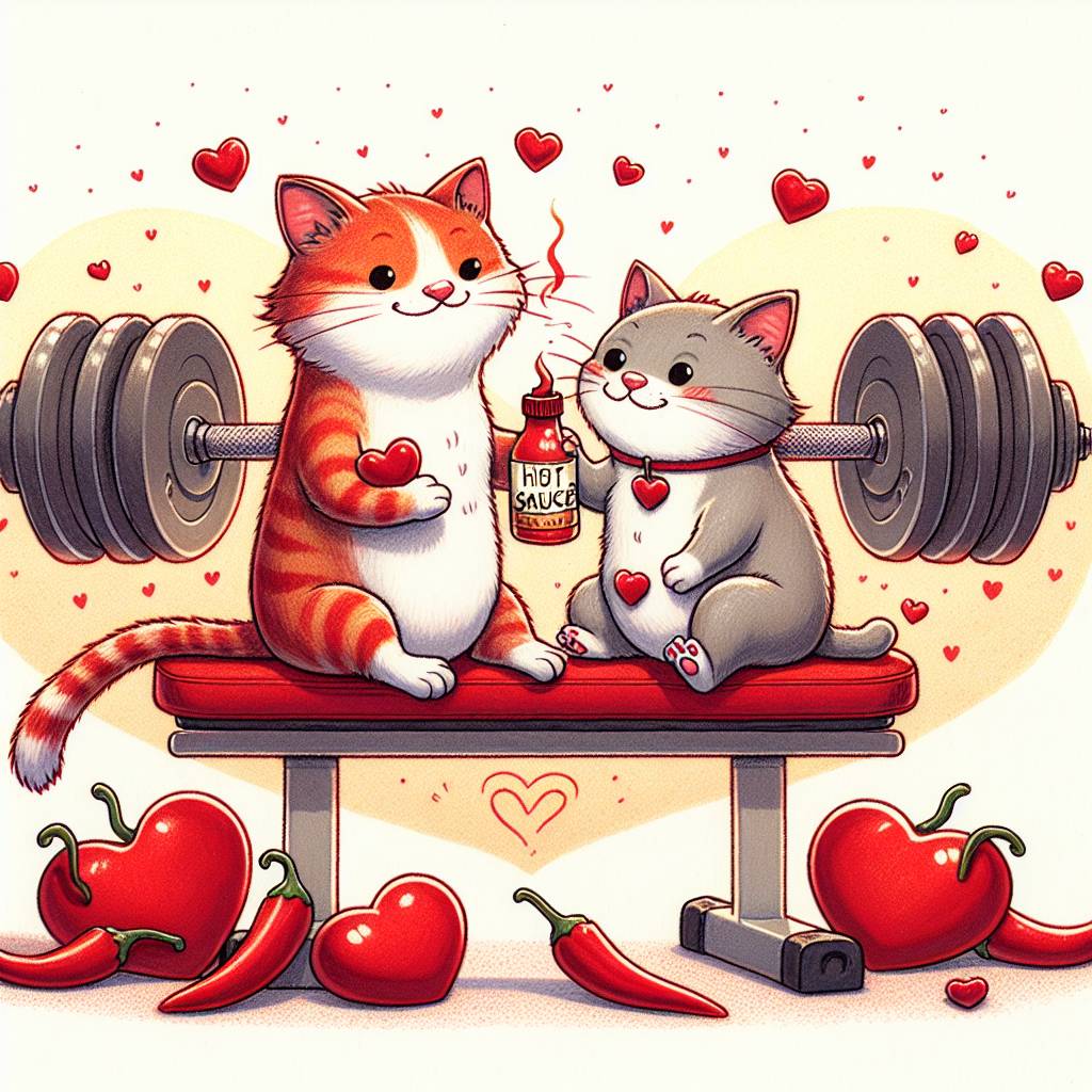 1) Valentines-day AI Generated Card - Cats, Chilli sauce, and Gym (a5594)