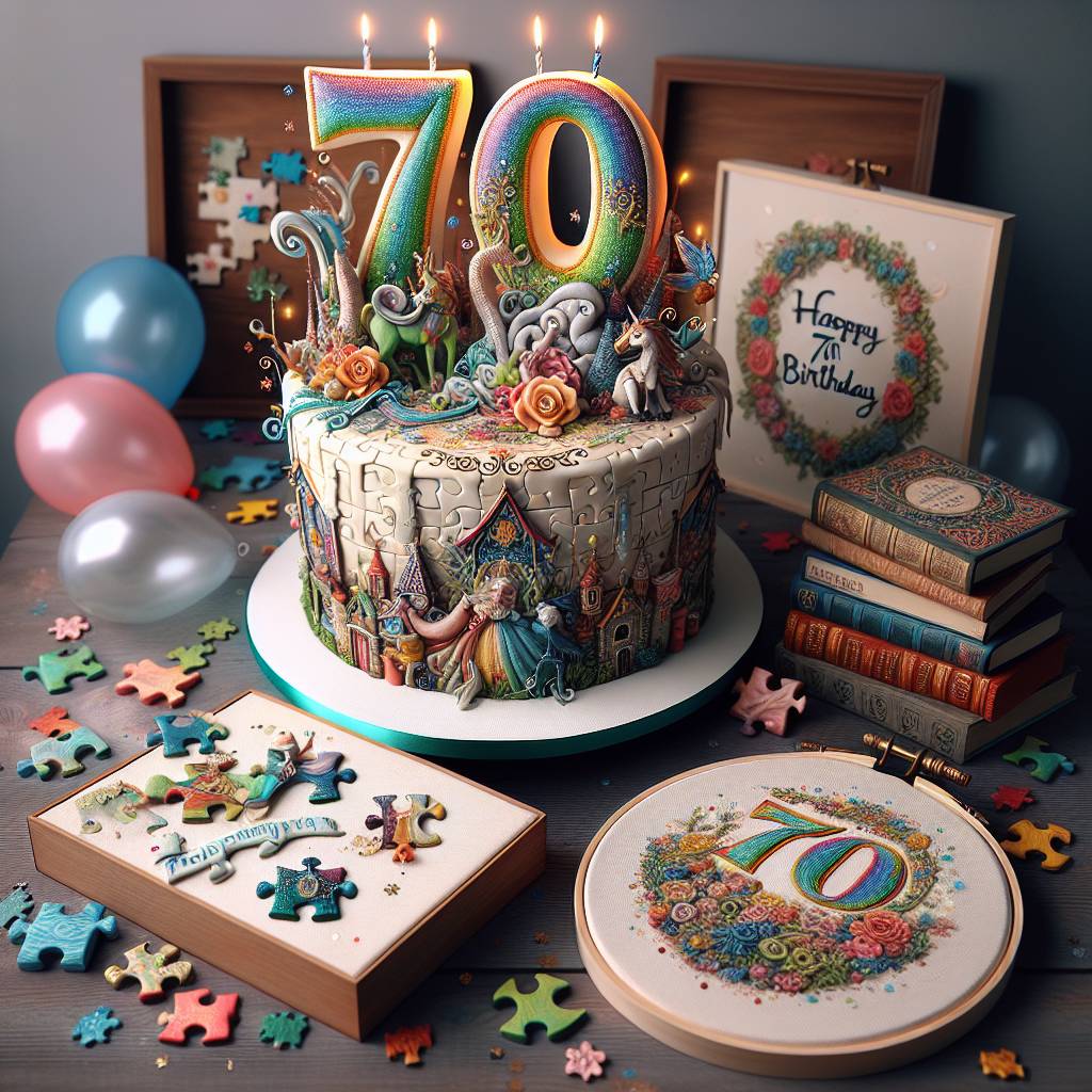 1) Birthday AI Generated Card - 70th birthday , Jigsaws, Books, and Embroidery  (6ab01)