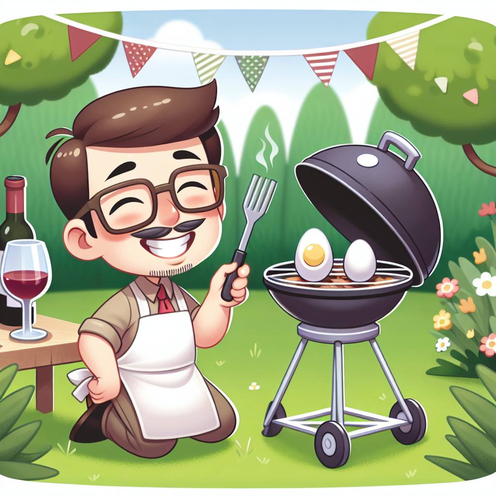 1) Birthday AI Generated Card - White man, Short dark hair, Brown glasses, Apron, Garden, Cooking with Egg BBQ, and Glass red wine (9a213)