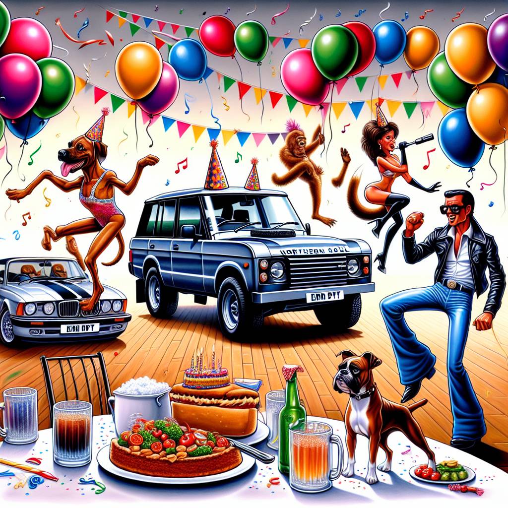 1) Birthday AI Generated Card - Northern soul dancing, Range Rover, Jaguar xk8, Parmo, Lager, Boxer dog, Frog, and Denim jeans (d1b4d)