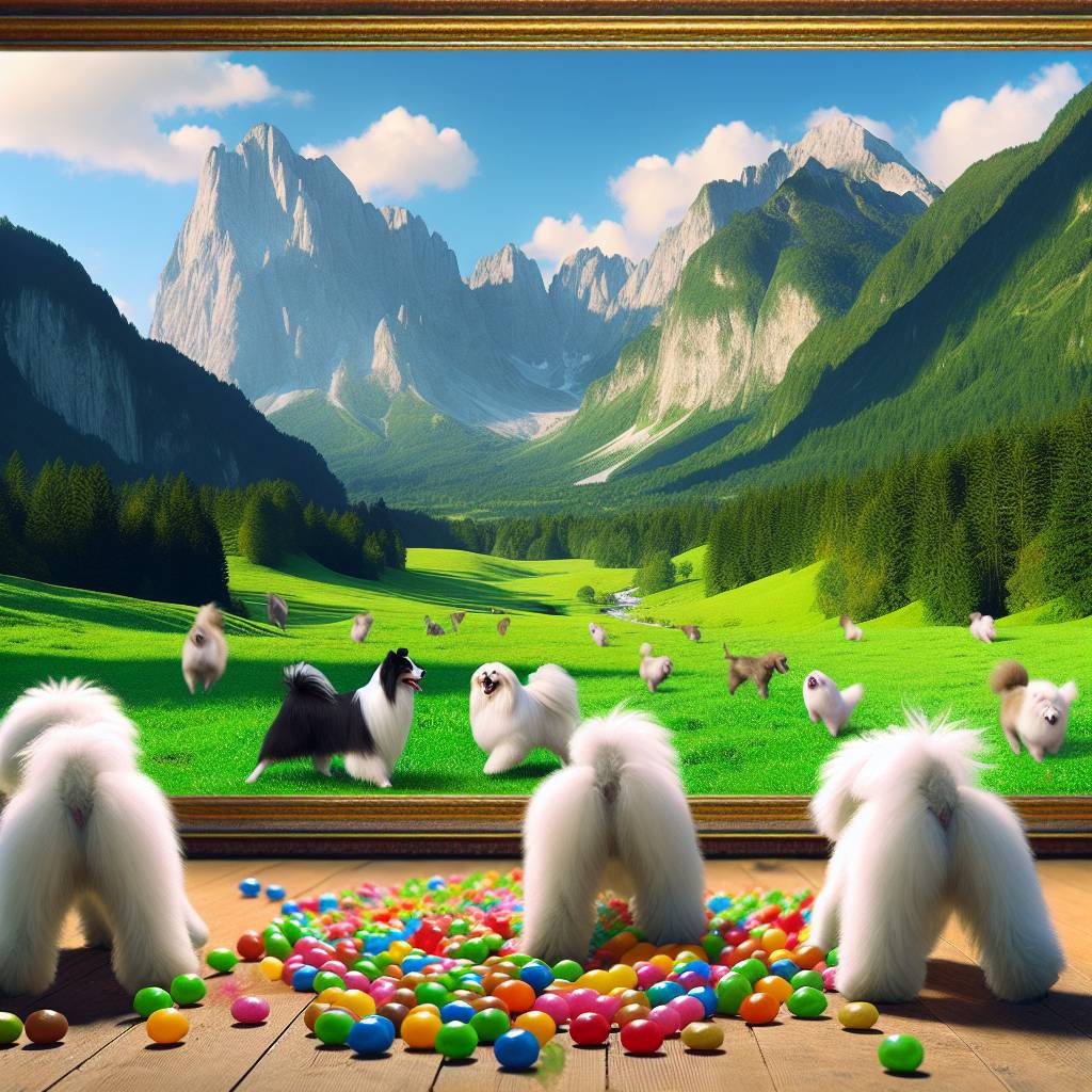 1) Mothers-day AI Generated Card - 3 fluffy white dogs , Liquorice allsorts, and The sound of music film (48e48)