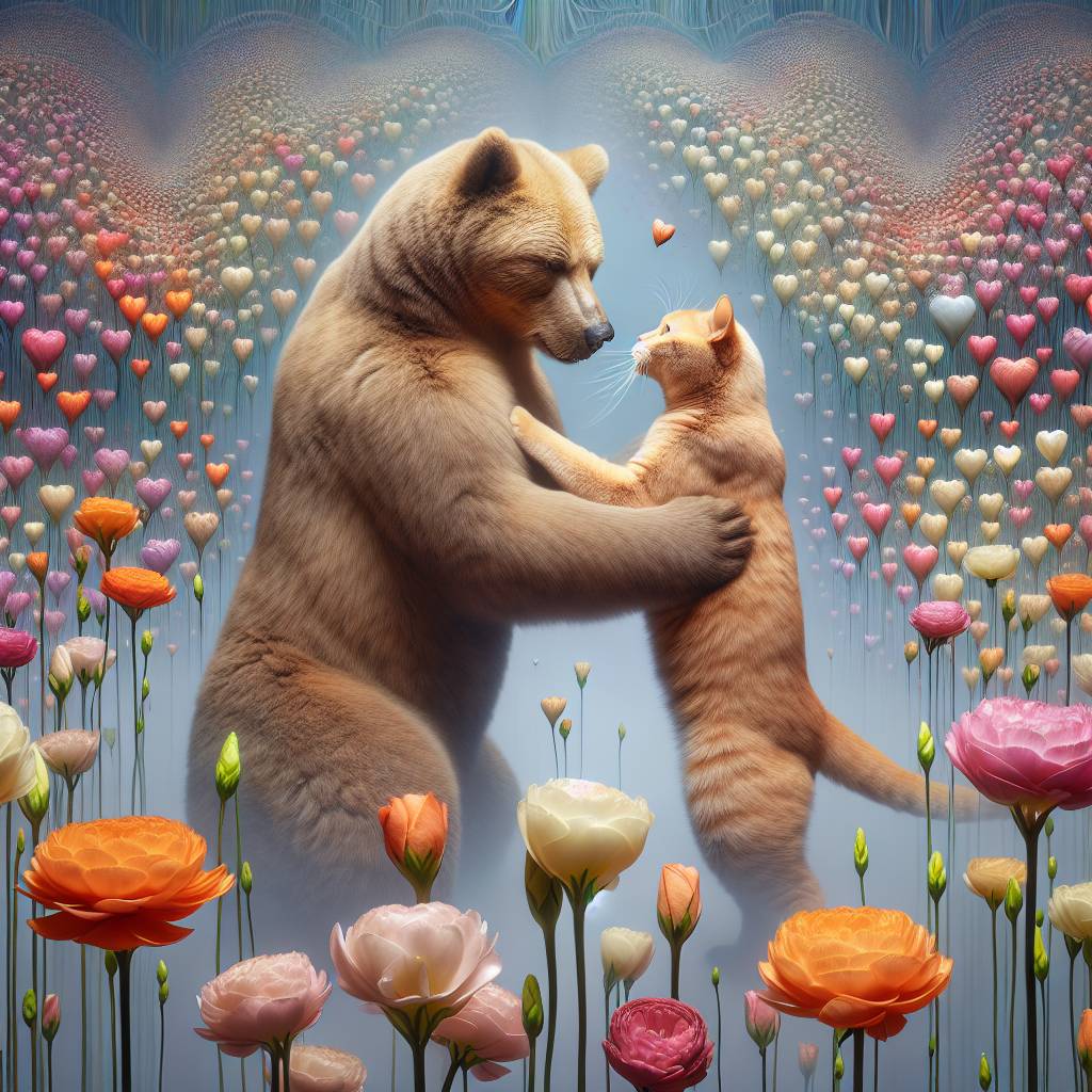 2) Valentines-day AI Generated Card - British short hair cat, Bear , Lisianthus flowers  , Word “Our First Valentine’s Day “, Hearts , and Hug (e6264)