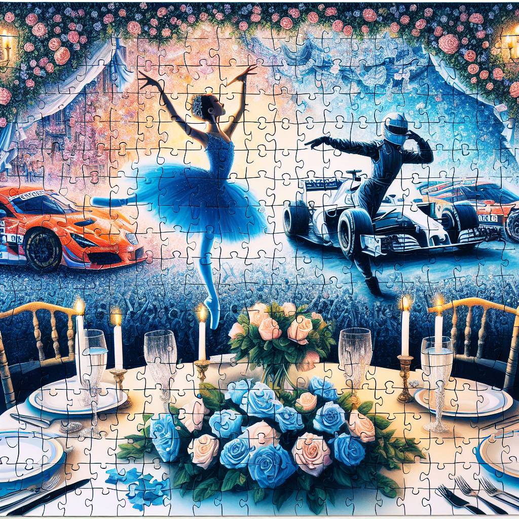 2) Birthday AI Generated Card - Ballet dancing motorcar racing jigsaw puzzles, and Blue Rose  (50f15)