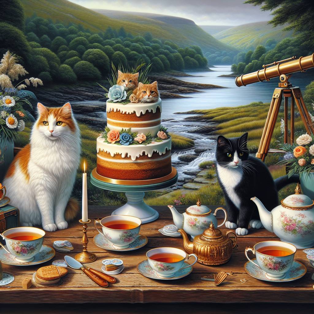 2) Birthday AI Generated Card - White calico cat, Tuxedo cat, Ginger cat, Wales , Tea, Cake , Telescope, and Caldicot (6ac2c)