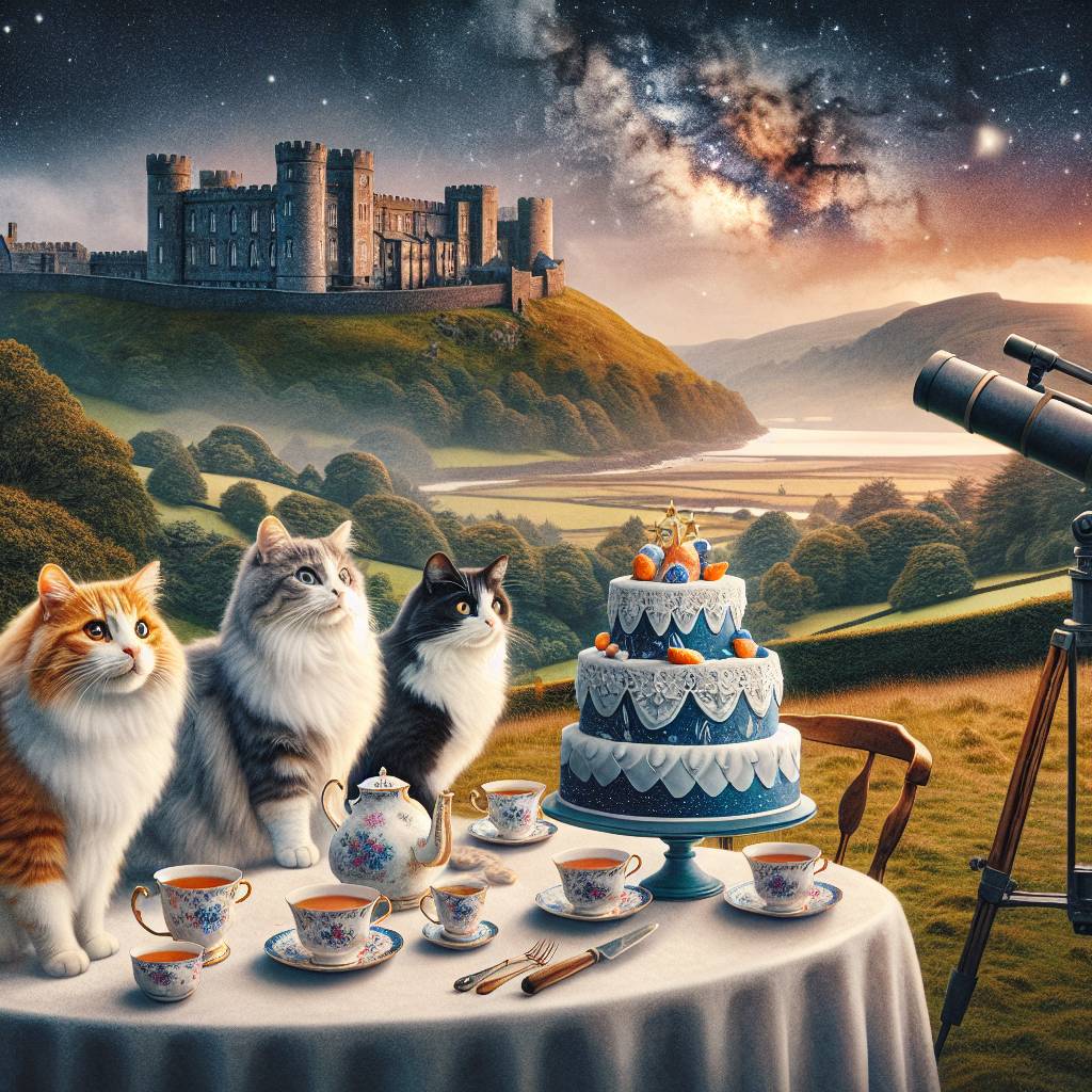 1) Birthday AI Generated Card - White calico cat, Tuxedo cat, Ginger cat, Wales , Tea, Cake , Telescope, and Caldicot (e30c9)