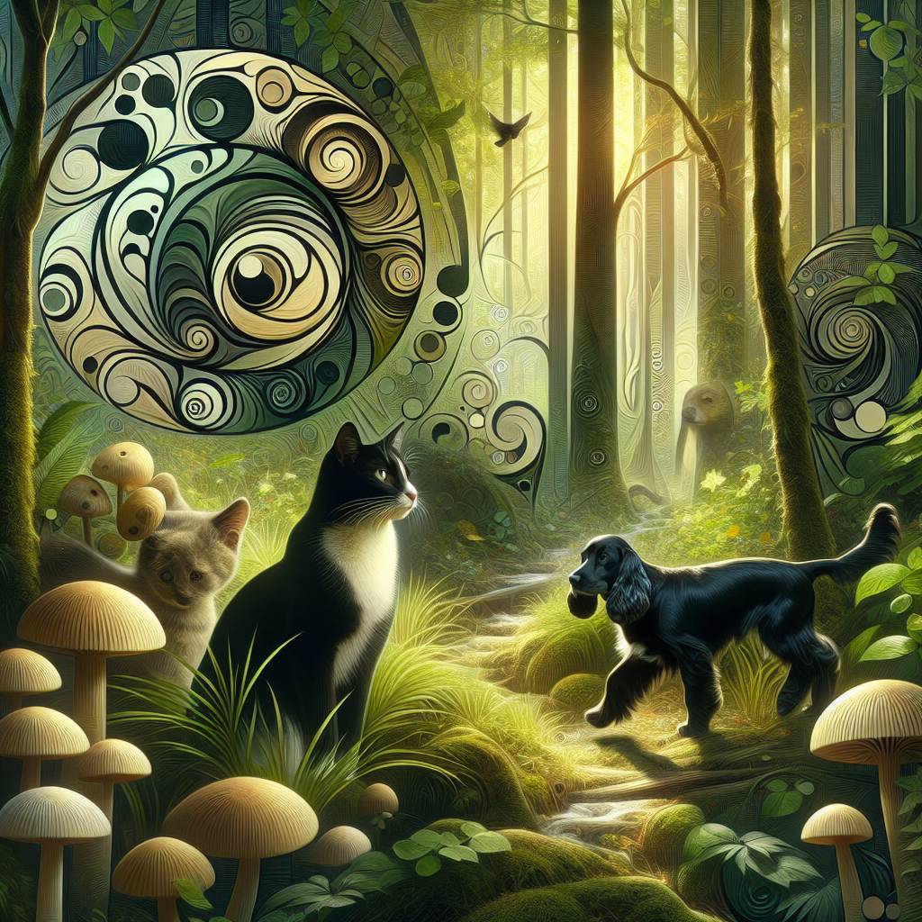 1) Birthday AI Generated Card - Mushrooms, Black and white cat, Black spaniel , and Forest (873c9)