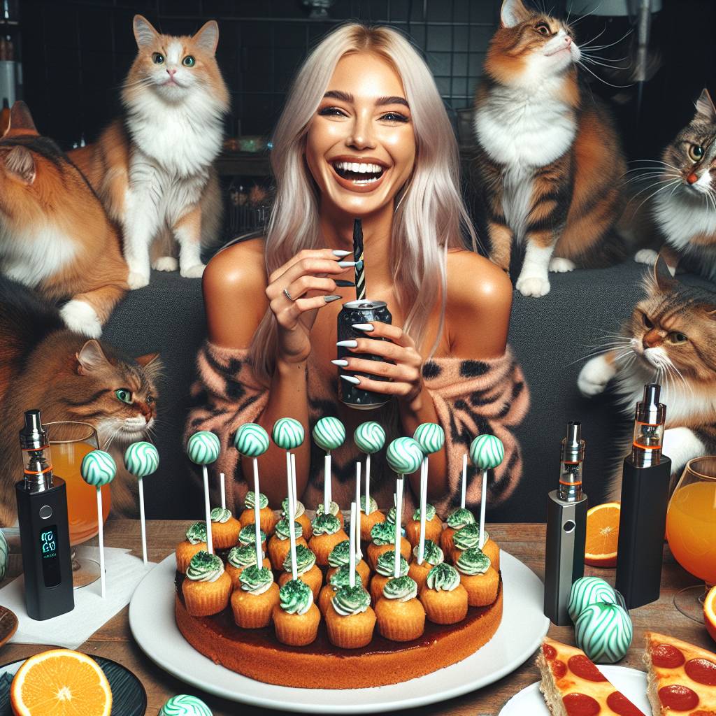 1) Birthday AI Generated Card - Blonde woman, Fanta lemon , Cats, Pizza, Vapes, Green, and Cake pops  (1c2fd)