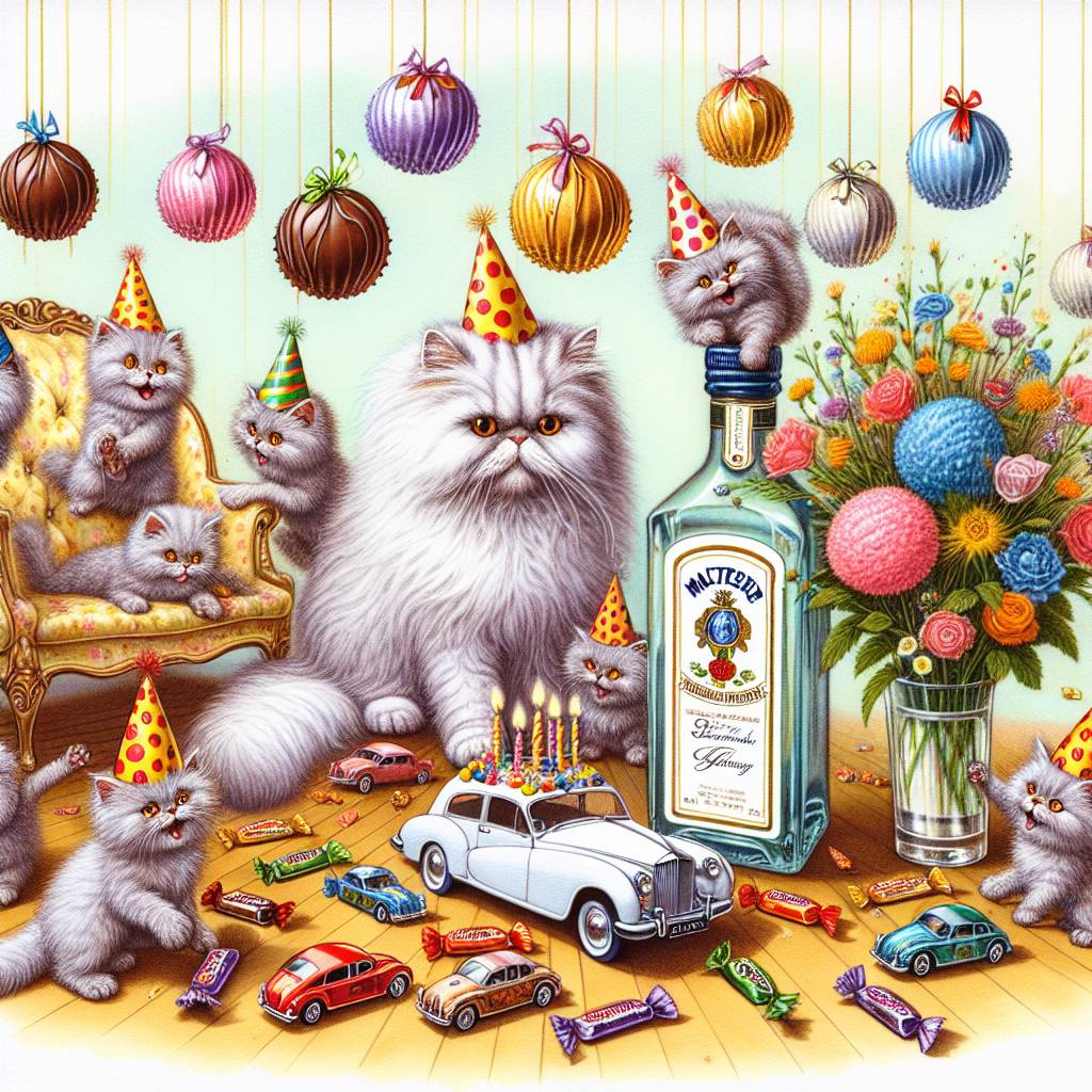 2) Birthday AI Generated Card - Persian cats, Gin , Cars, Flowers, and Maltesers (bbfe2)