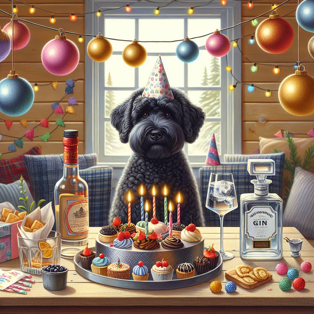 1) Birthday AI Generated Card - Wine, Gin, Holidays, and Black scoodle dog (67b80)