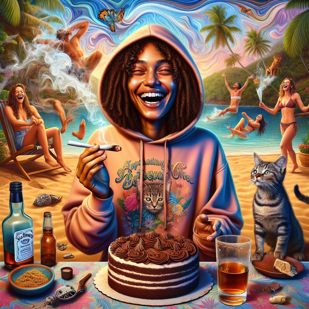 2) Birthday AI Generated Card - Mixed race black lady light brown skin tone with shoulder length really curly hair wearing a hoodie, Tabby cat kitten, Smoking marijuana weed, High, Birthday cake, Chocolate, Munchies, Alcohol, Smiling funny, Sunshine, Vacation, and Sunglasses (0e1c8)
