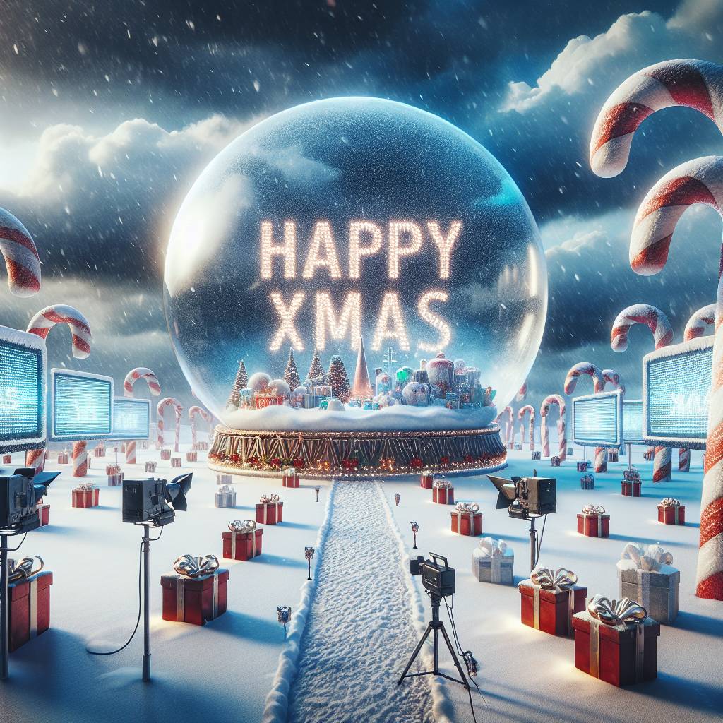 4) Christmas AI Generated Card - Christmas presents, Giant Snow globe, Media city , Salford , Candy canes , TV cameras , Big screens , Snowfall , and New year party  (2b435)
