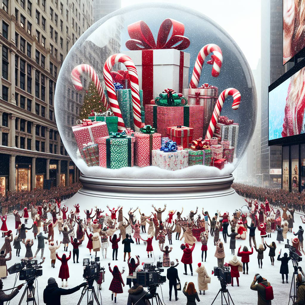 1) Christmas AI Generated Card - Christmas presents, Giant Snow globe, Media city , Salford , Candy canes , TV cameras , Big screens , Snowfall , and New year party  (b318c)