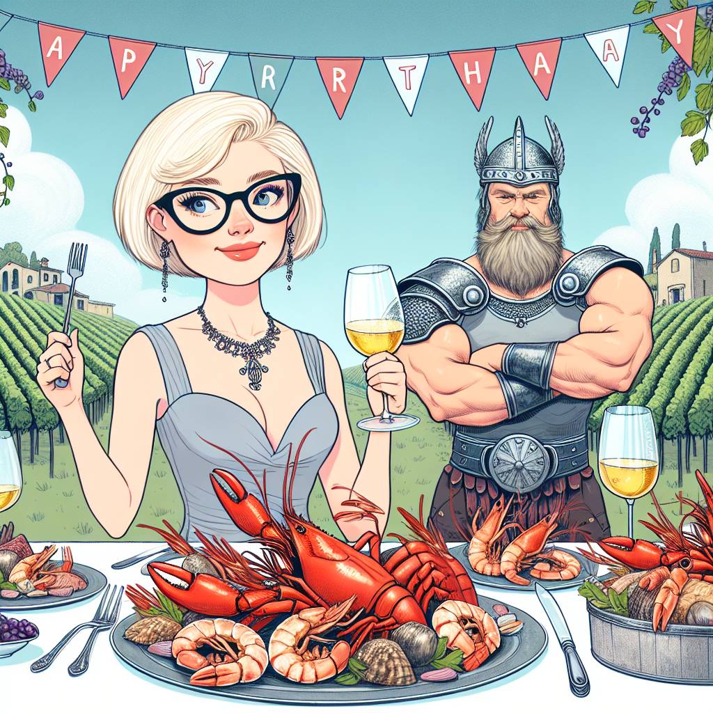 1) Birthday AI Generated Card -  A short boss lady around 50 with a roundish face, with a blond bob with glasses, Eating shrimps and crabs, In an italian vinyard, With viking hunk by her side, (bfa62)