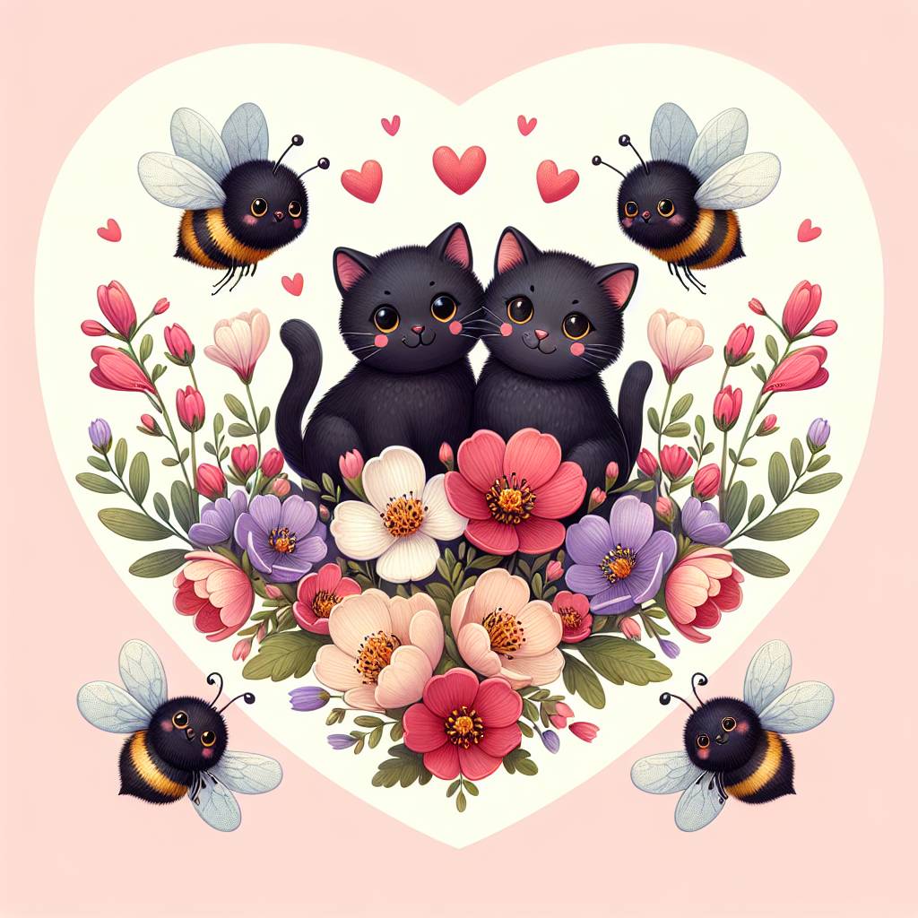 1) Valentines-day AI Generated Card - Big and small black cats, Bees, and Easedale (005c1)