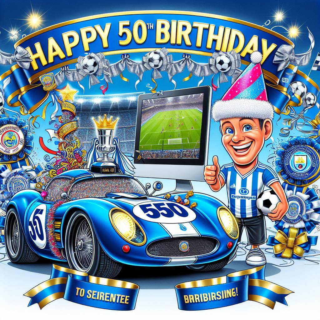 2) Birthday AI Generated Card - 50th birthday Blue subaru 555 Chelsea football Computer (25df9)