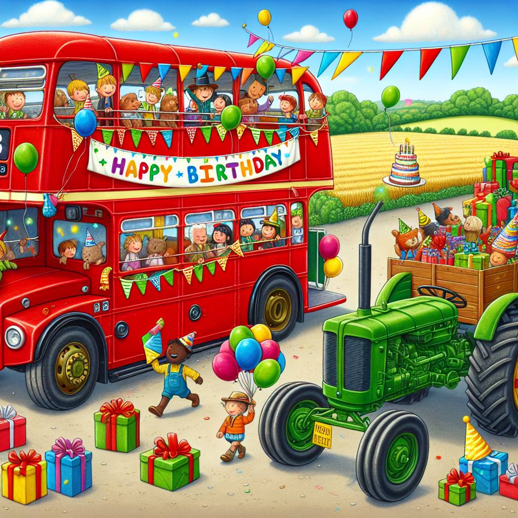 2) Birthday AI Generated Card - double decker bus and a tractor (4fafb)