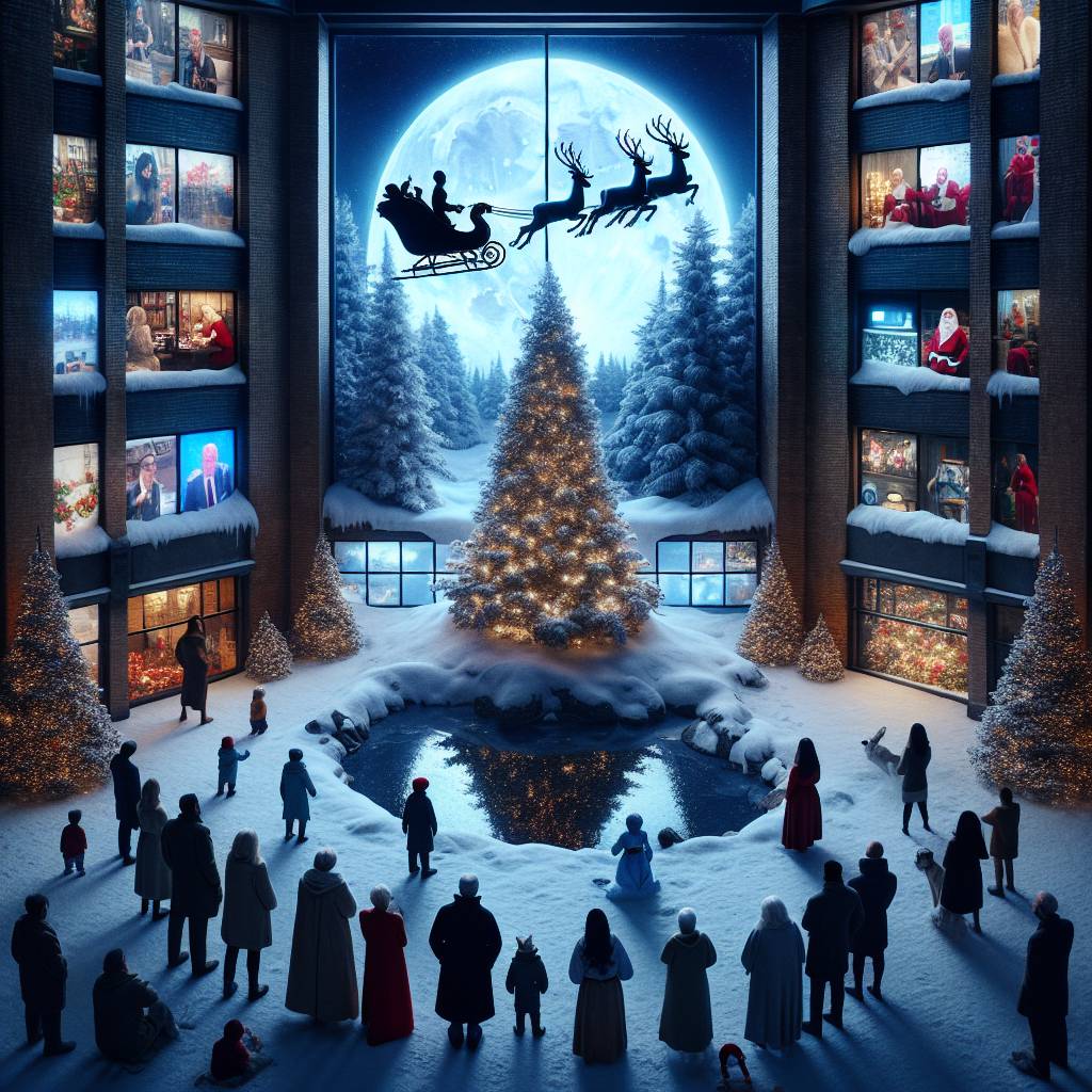 4) Christmas AI Generated Card - Christmas shopping window display, Christmas trees with televisions as decorations , Manchester , Media city, Snow outside with a crowd, Moonlight , and Santas sleigh (202af)