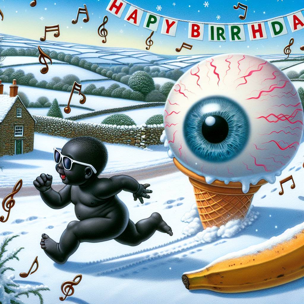 2) Christmas AI Generated Card - Big eyeball in an ice cream cone chasing a baby with sunglasses, Treble clefs dotted around, and Devon (24673)