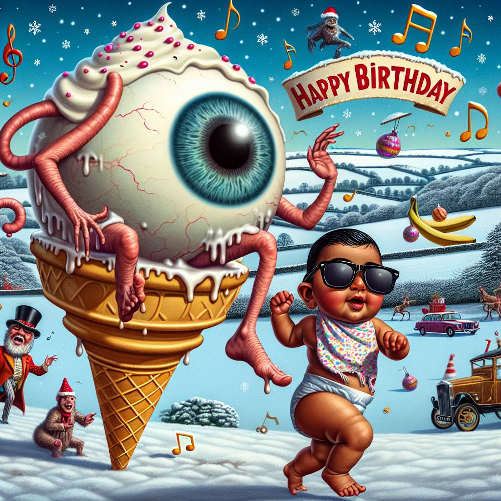 1) Christmas AI Generated Card - Big eyeball in an ice cream cone chasing a baby with sunglasses, Treble clefs dotted around, and Devon (ab21b)