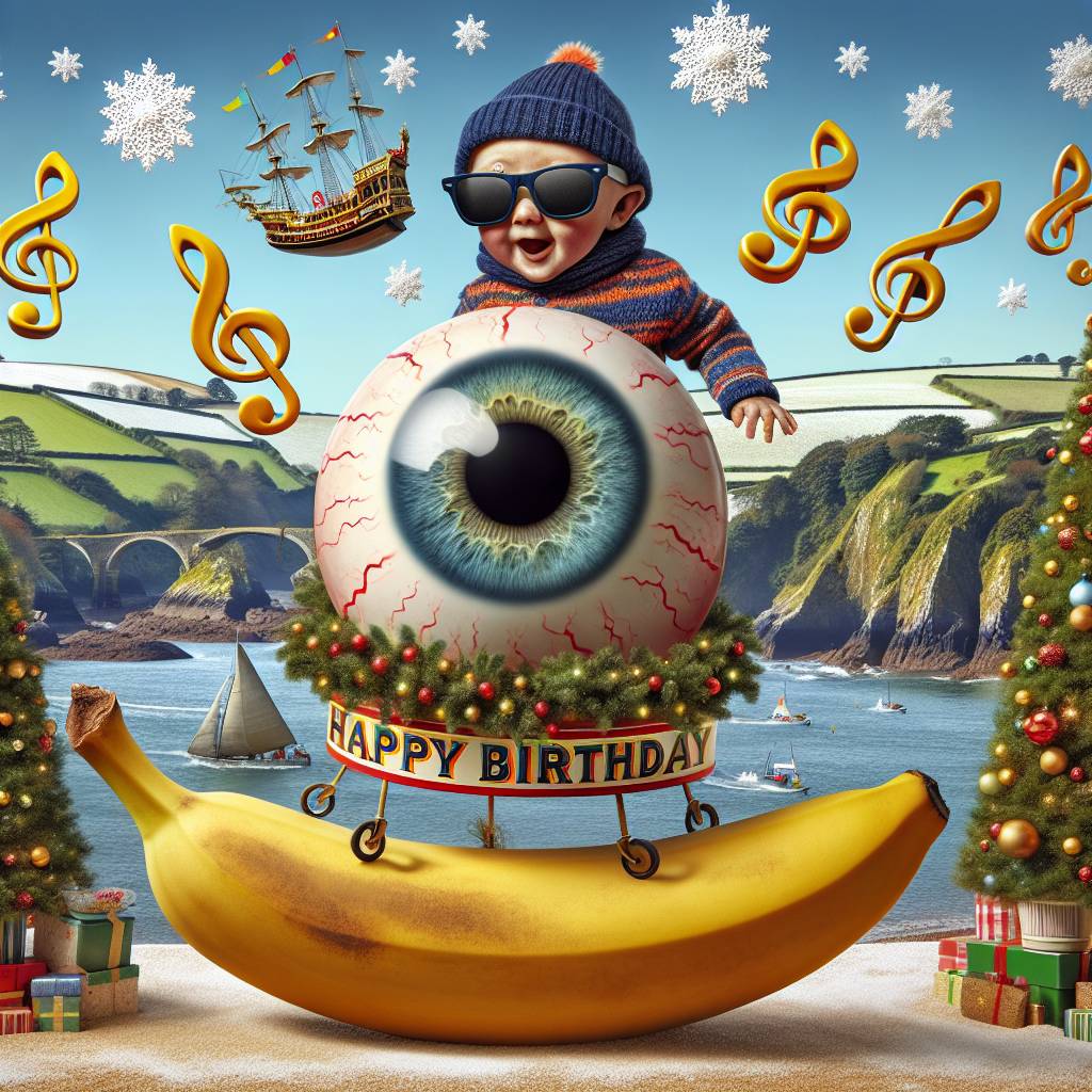 3) Christmas AI Generated Card - Big eyeball in an ice cream cone chasing a baby with sunglasses, Treble clefs dotted around, and Devon (5874a)