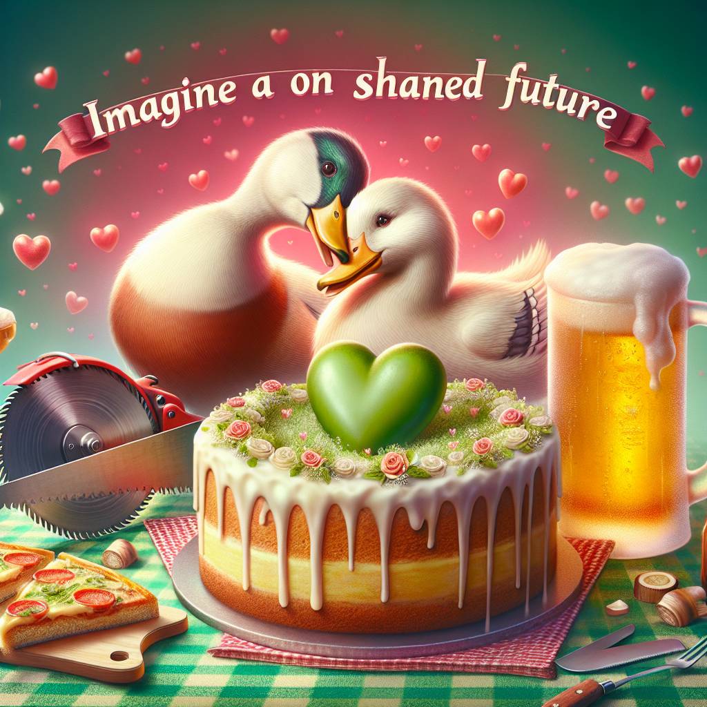 2) Valentines-day AI Generated Card - Duck, Saw, Rave, Music, Lemon drizzle cake, Beer, Pizza, and Green (d3cf1)