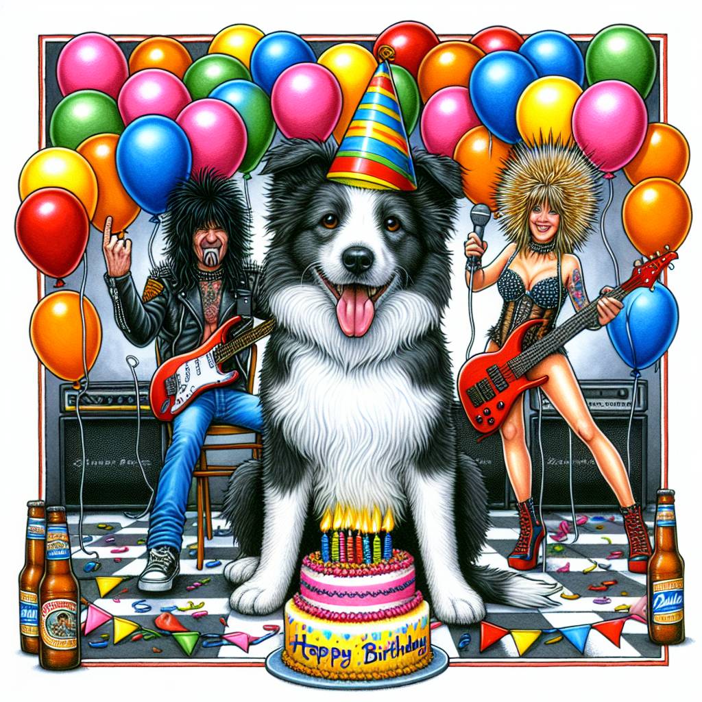 1) Birthday AI Generated Card - Border collie dog, Ozzy Osbourne, P!NK singer , and Beer (9d5dc)