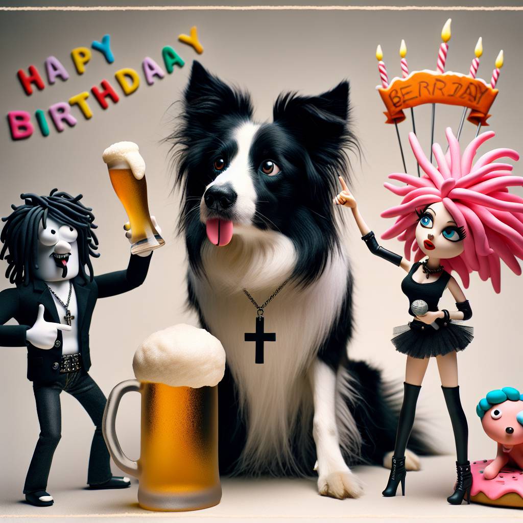 2) Birthday AI Generated Card - Border collie dog, Ozzy Osbourne, P!NK singer , and Beer (ea80a)