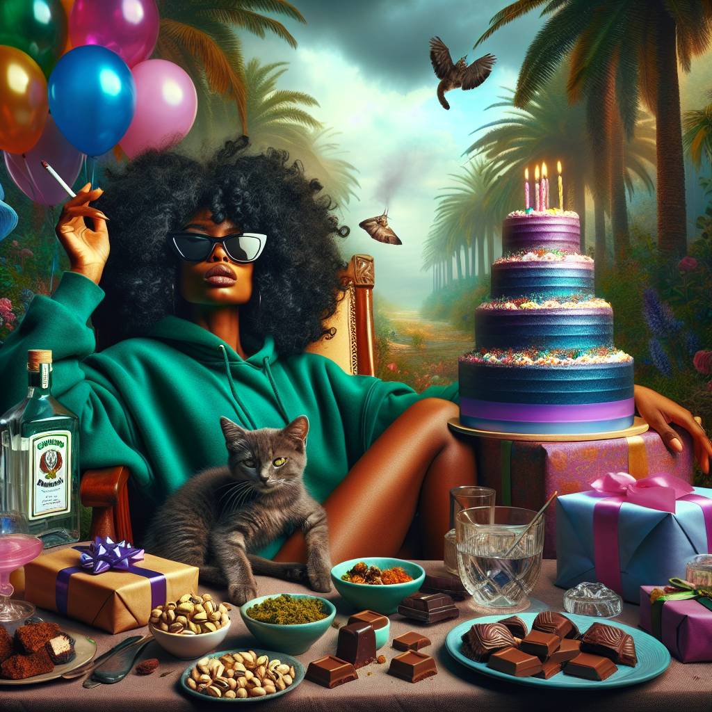 1) Birthday AI Generated Card - Mixed race black woman smoking weed with coil curly black hair wearing a green hoodie, Brown Tabby kitten, Birthday cake celebration, Green, Smoking marijuana weed cannabis, Presents and balloons, Sunglasses, Bottles of gin, Pistachios chocolates cakes snack, and Palm trees outdoors (12ccb)
