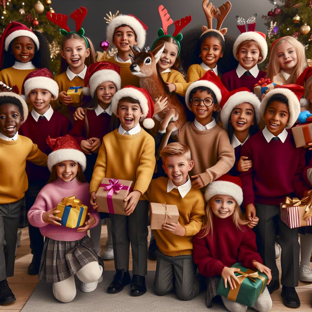 1) Christmas AI Generated Card - School children in yellow and maroon jumpers with grey trousers, Laughing and happy, Wearing Christmas hats exchanging present , and Petting reindeer (1c23e)
