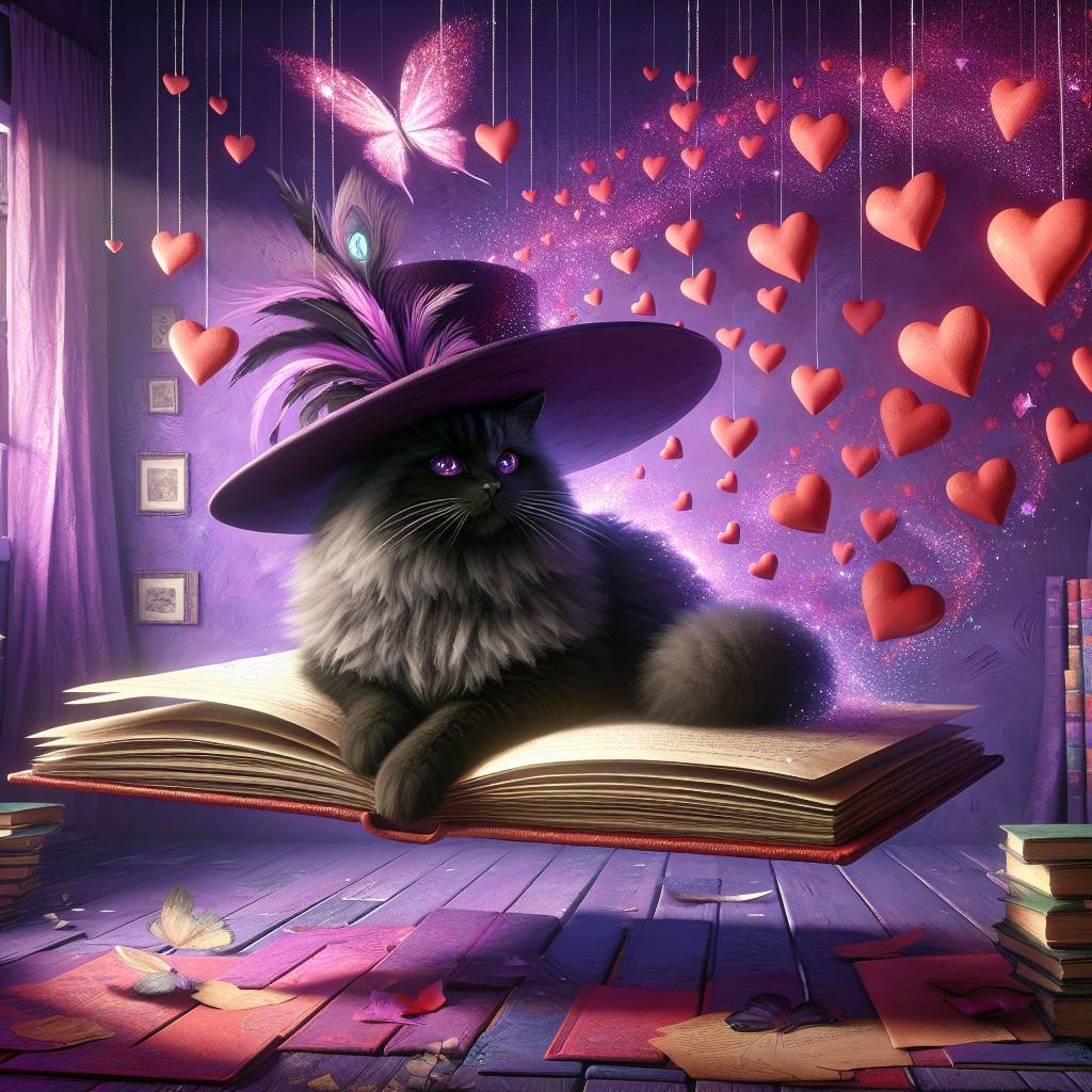 1) Valentines-day AI Generated Card - Black fluffy cat, Purple hat , and Books  (1db03)