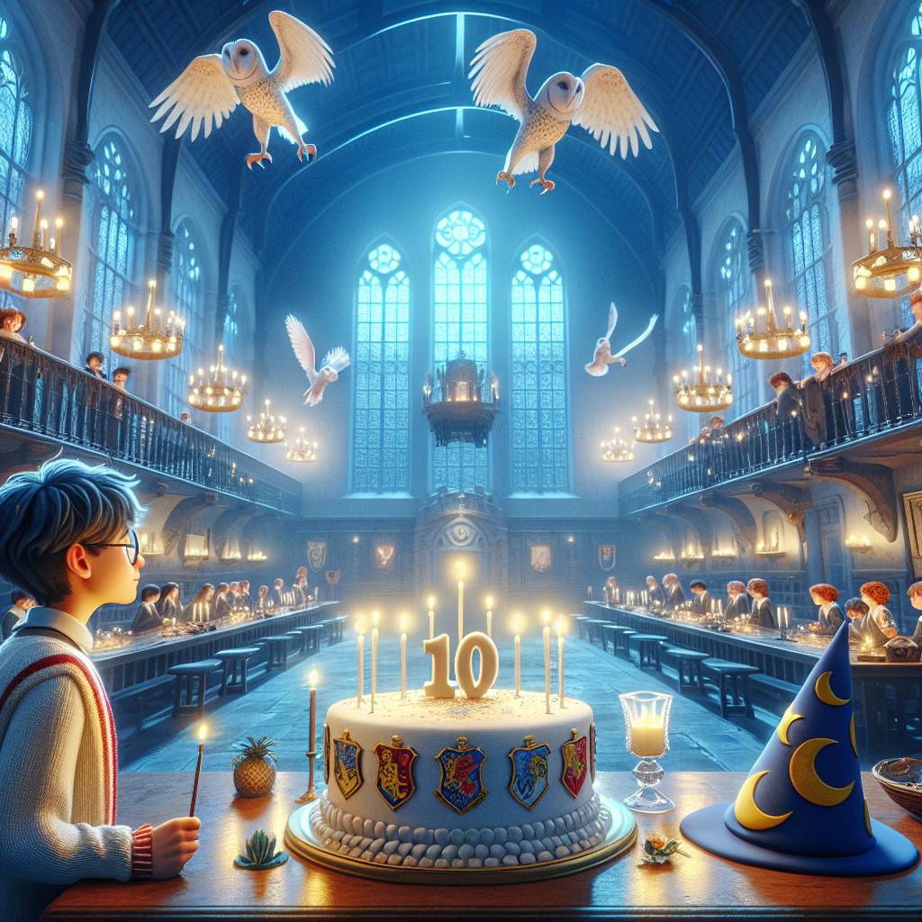 2) Birthday AI Generated Card - Hogwarts, The great hall, Cake, Snowy Owls, 10, The sorting hat, Harry potter, and Floating candles (d7eb3)