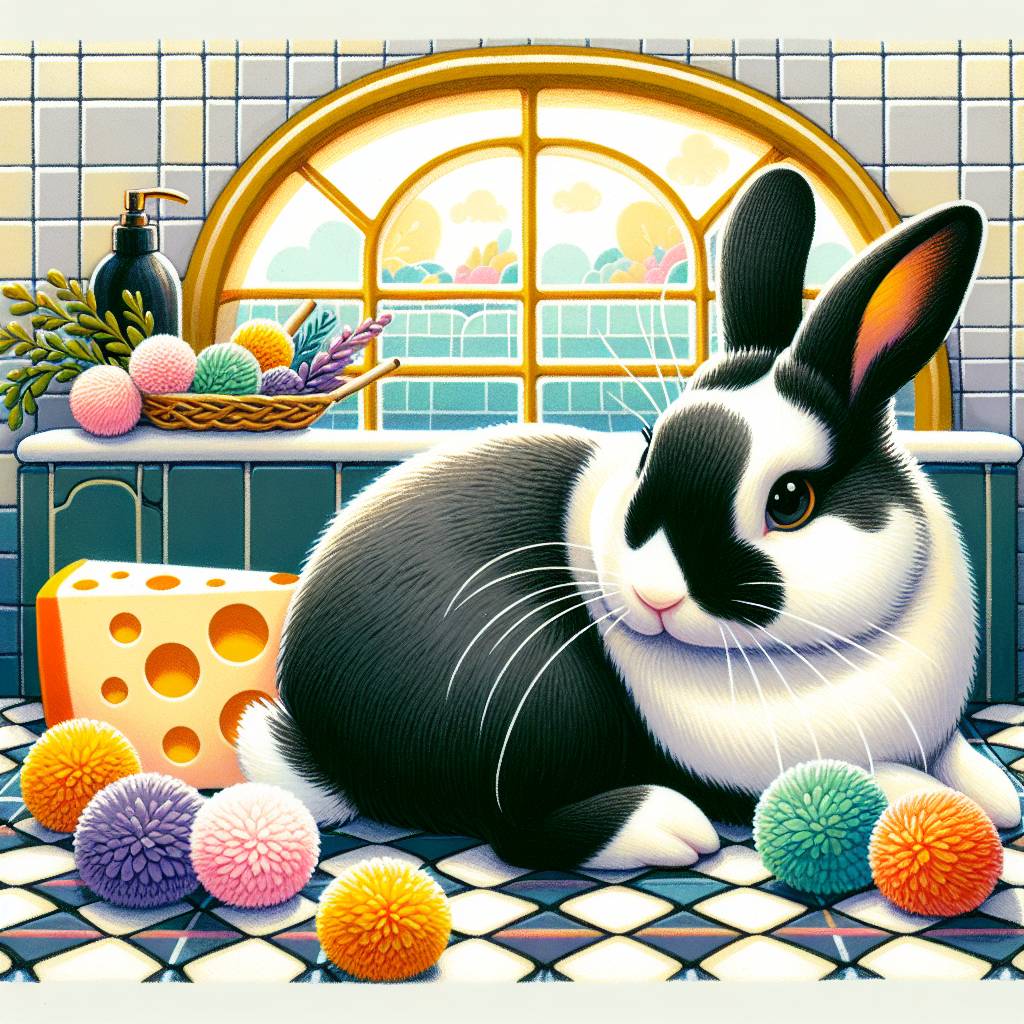 2) Thank-you AI Generated Card - Black and white Dutch rabbit, Colourful pom poms, Bathroom tiles , Arch window, Cheese, and Herbs (a6168)