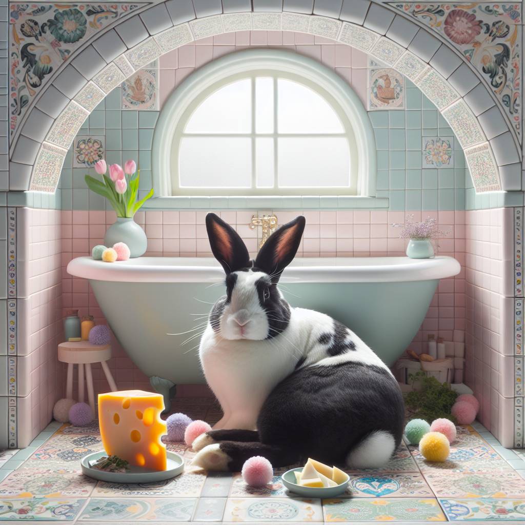 1) Thank-you AI Generated Card - Black and white Dutch rabbit, Colourful pom poms, Bathroom tiles , Arch window, Cheese, and Herbs (fe092)
