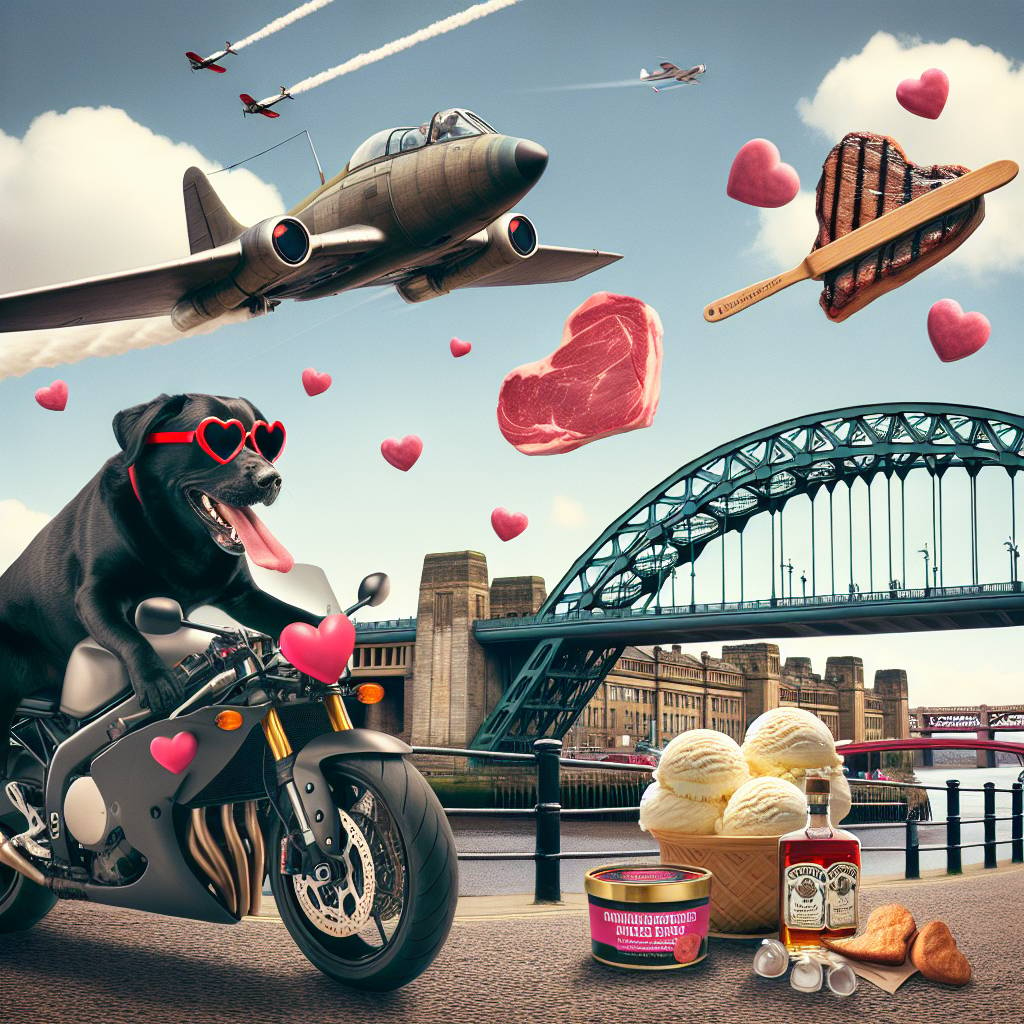 1) Valentines-day AI Generated Card - Black Labrador riding sports motorbike, Tyne bridge, X wing, Whiskey, Heart shaped steak, Vanilla ice cream, and Snow (d1865)